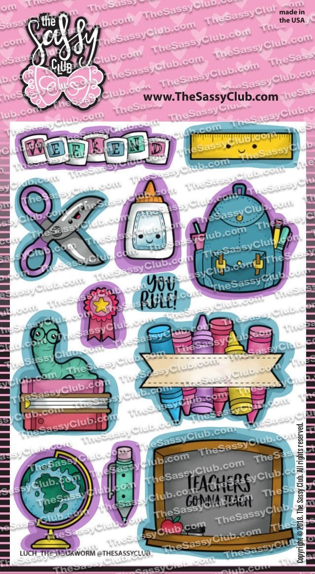 Bookworm-The Sassy Club LLC-backpack,bookworm,craft,craft stamp,crayons,glue,school,school stamp,scissors,spo-disabled,supplies