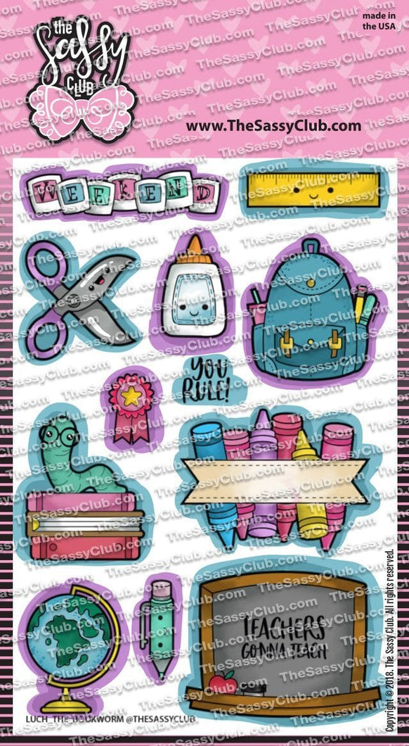 Bookworm-The Sassy Club LLC-backpack,bookworm,craft,craft stamp,crayons,glue,school,school stamp,scissors,spo-disabled,supplies